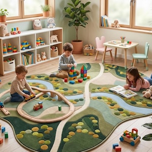 Top-down clear view of a custom hand-tufted wool kids play rug featuring an irregular shape with carved rivers and roads.