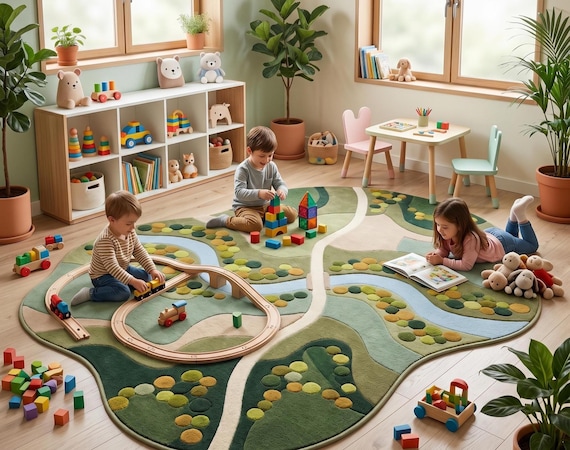 Kids Play Rug Landscape Nursery Carpet Irregular Shape Montessori Playroom Area Rug 3D Carved Custom Tufted Wool 5x8,6x9, 8x10,9x12