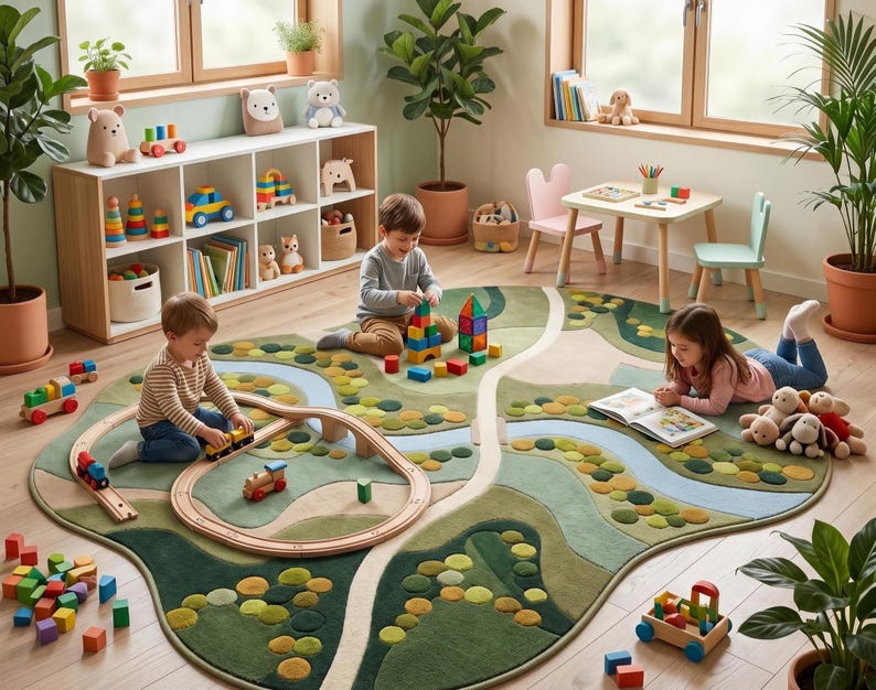 Top-down clear view of a custom hand-tufted wool kids play rug featuring an irregular shape with carved rivers and roads.