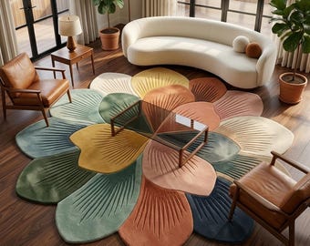 Op de afbeelding: Een groot, rond vloerkleed met een veelkleurig, bloembladontwerp in tinten saliegroen, mosterdgeel, terracotta en marineblauw. Elk bloembladsegment is voorzien van uitgesneden, stralende lijndetails over het oppervlak.