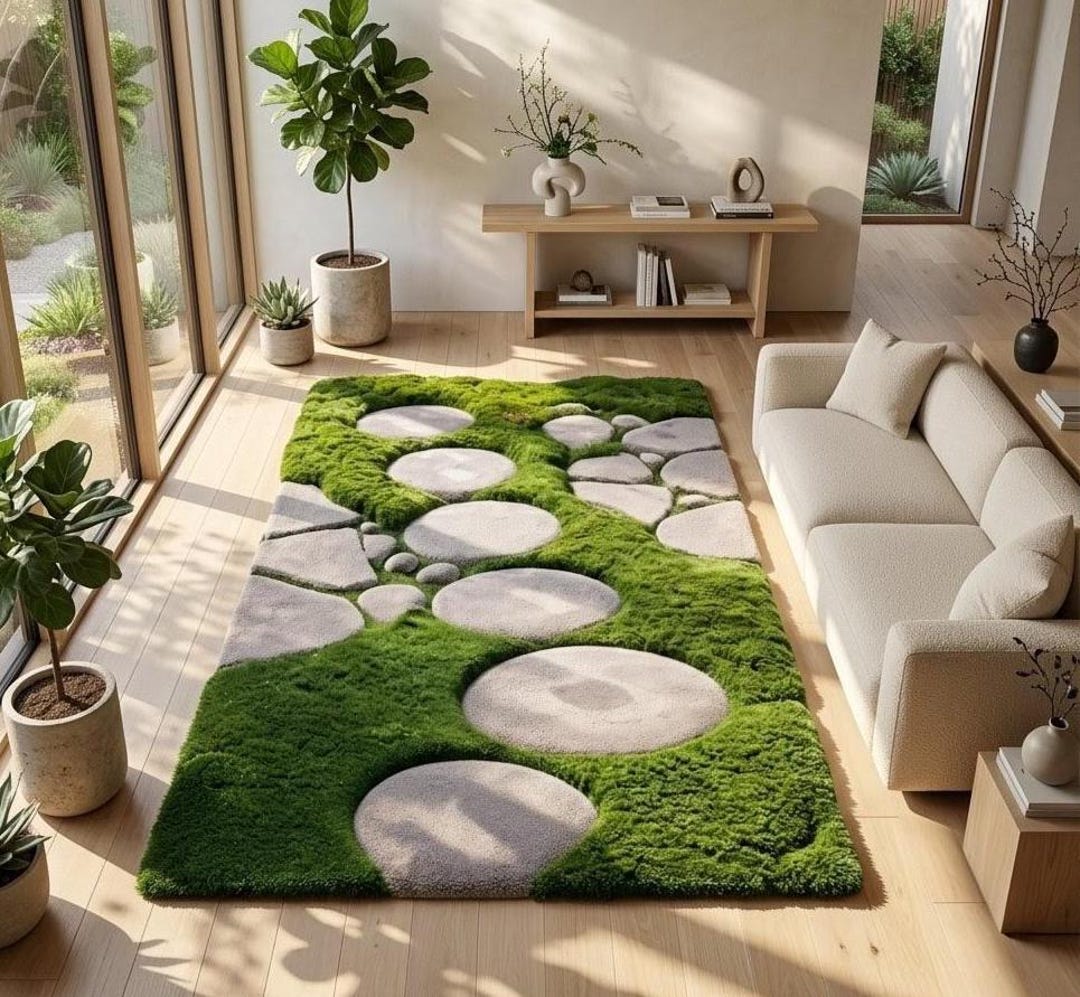 Hand-tufted Wool Rug – 3D Moss and Stepping Stone Teppich | Biophilic ...
