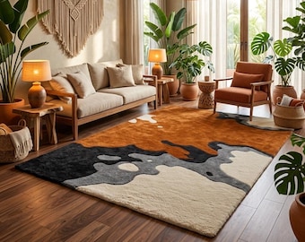 Op de afbeelding: Een rechthoekig vloerkleed met een abstract, organisch patroon met grote, vloeiende kleurblokken in tinten gebrand oranje, antracietgrijs, zwart en crème. Het kleed heeft een pluche, getextureerde pool en ligt op een donkere houten vloer.