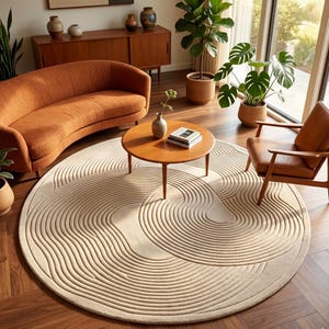 Könnte beinhalten: Ein runder, cremefarbener Teppich mit wellenförmigem Muster dominiert den Raum. Der Teppich befindet sich in einem Wohnzimmer mit einem braunen Sofa, einem Holztisch und einem Ledersessel. Topfpflanzen und Holzmöbel vervollständigen den warmen Raum.