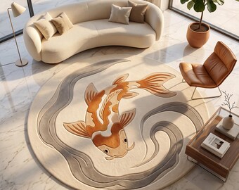 Japans rond tapijt koivissen, oranje crème cirkelvormig tapijt, luxe abstracte dierenwollen tapijt, aangepast formaat 5 x 8 6 x 9 8 x 10 9 x 12 woonkamer