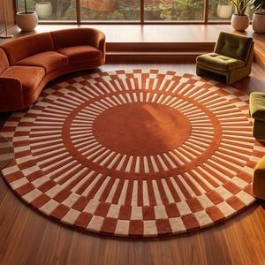 Alfombra redonda geométrica retro, alfombra de área de tablero de ajedrez color terracota óxido, alfombra circular de mosaico abstracto, alfombra de lujo de lana con mechones personalizados para sala de estar.