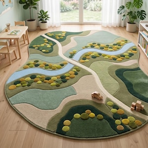 Aesthetic Montessori playroom decor showcasing a bold statement carpet with 3D carved green meadows and blue rivers.