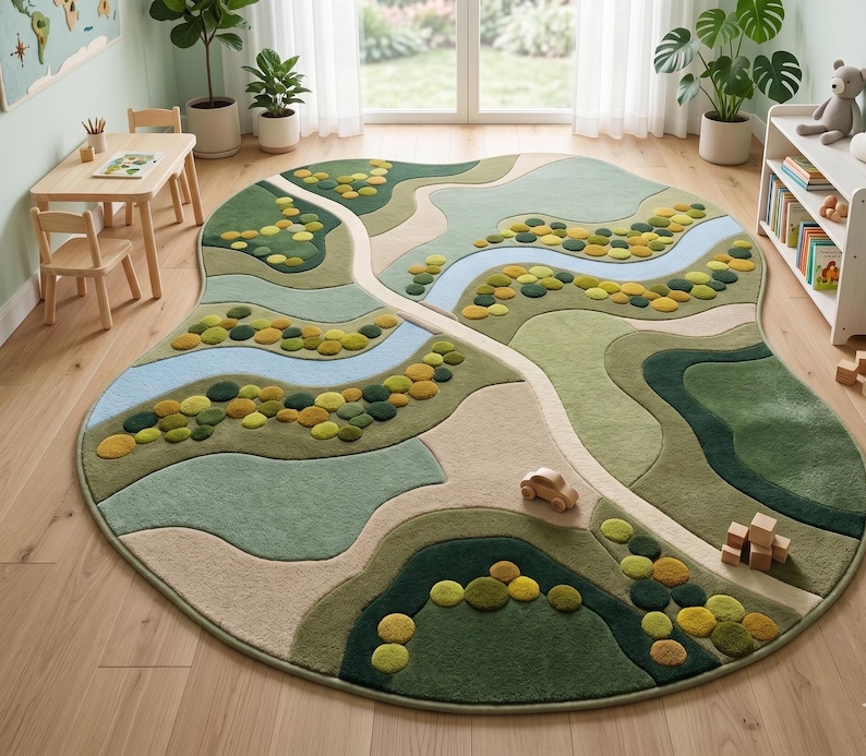 Aesthetic Montessori playroom decor showcasing a bold statement carpet with 3D carved green meadows and blue rivers.