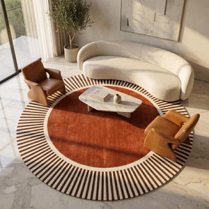 Rund matta i modern stil, randig matta i terrakotta, rund art déco-matta, handgjord tuftad ull, lyxig vardagsrumsinredning
