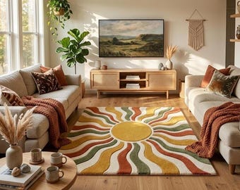 Handgemaakt getuft tapijt, jaren 70 retro groovy zonnestraaltapijt, golvend abstract wollen tapijt, esthetisch kleurrijk tapijt voor woonkamer, 3D-gesneden tapijt