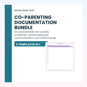 May include: A white and purple spreadsheet with the text "Weekly Schedule" is featured in this image. The image also includes the text "CO-PARENTING DOCUMENTATION BUNDLE" and "6 TEMPLATES IN 1". The bundle includes spreadsheets for custody schedules and shared expenses.