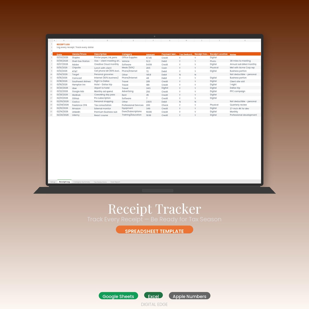 Receipt Tracker Spreadsheet | IRS Tax Deduction Organizer | Small ...