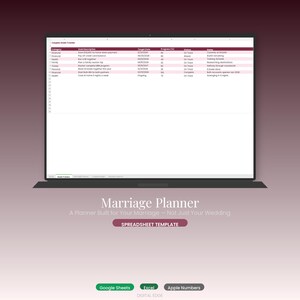 Pode incluir: Um laptop exibe uma planilha intitulada "Couples Goals Tracker". A planilha inclui categorias, descrições de metas, datas-alvo, porcentagens de progresso, status e notas. Abaixo, o texto diz "Marriage Planner" e "SPREADSHEET TEMPLATE".
