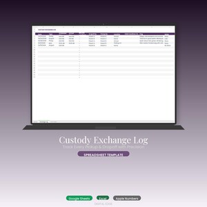 Puede incluir: Una computadora portátil muestra una hoja de cálculo titulada "Custody Exchange Log". La pantalla muestra columnas para la fecha, la recogida, la hora programada y otros detalles. Debajo de la pantalla está el texto "Custody Exchange Log" y "Spreadsheet Template".