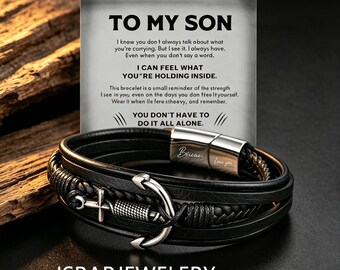 TO MY SON Personalized Engraved Leather Bracelet, Stainless Steel Anchor Multi-Layer Braided Bracelet for Men, Meaningful Gift from Mom Dad