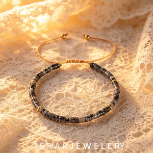 4x2mm Black Natural Stone Beaded Bracelet, Adjustable Boho Woven Stackable Bracelet, 16.5-28cm Fit