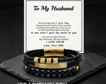 To My Husband Lava Stone Bracelet, Gold Tone Titanium Steel Bar, Personalized Layered Beaded Wristband