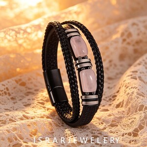 Men's Braided Leather Rose Quartz Bracelet, 7.5 Inch Multi-Layer Gemstone Wristband