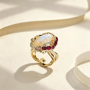 Gold Opal Statement Ring, Ruby Accented Opal Ring, US Sizes 6-10