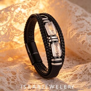 Handmade Clear Quartz Leather Bracelet, Braided Mens Wristband, Magnetic Clasp