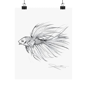 Original Creepy Betta Fish Poster, "Betta", Sharp Teeth Siamese Fighting Fish Illustration