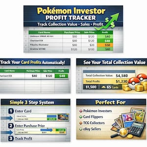 May include: A graphic showing a Pokémon Investor Profit Tracker with data on card values, sales, and profit. Additional panels display collection value, a 3-step system, and a list of users the tracker is perfect for.