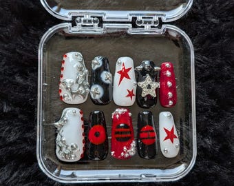 BTS ARIRANG Inspired Press On Nails | Kpop Concert Nails | ARMY Tour Nails 2026 | Red Black Star Nails | Handmade Luxury Press Ons
