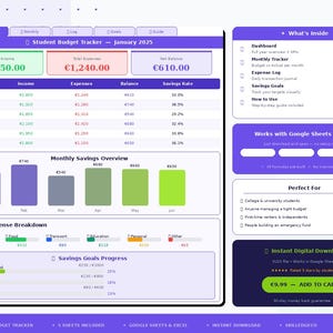 Può includere: Tracker digitale del budget studentesco per gennaio 2025, con monitoraggio di entrate, spese e risparmi. Include dashboard, panoramica mensile e ripartizione delle spese. Download digitale immediato.