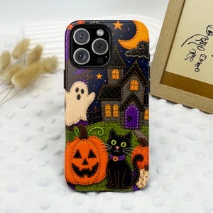 Coque de téléphone patchwork imitation chat noir fantôme pour Halloween, coque citrouille effrayante, coque maison hantée pour Halloween, cadeaux pour les amoureux d'Halloween