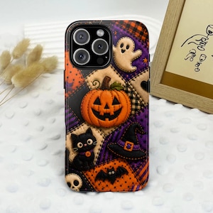 Cute Pumpkin Halloween Patchwork Phone Case, Faux Embroidery Pumpkin Ghost Black Cat Gothic Autumn Aesthetic Case, Halloween Lovers Gift