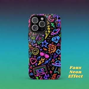 Y2K Neon Phone Case, Retro 90s Aesthetic Phone Cover, Vaporwave Neon Icons Design, Colorful Arcade Cassette Pattern, Cute Trendy Art Case