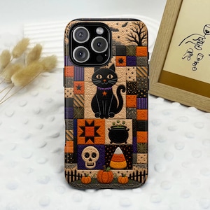 Halloween Faux Patchwork Black Cat Phone Case, Patchwork Quilt Pumpkin Spooky Ghost Candy Corn Case, Embroidered Fall Aesthetic Gift