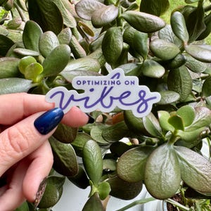 May include: A white sticker with the words "Optimizing on Vibes" in purple script. The sticker is held in front of a background of green succulent leaves. The sticker is a fun and positive message.