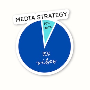 May include: A sticker with a blue pie chart illustrating a media strategy. The chart is divided into two sections: 90% labeled "vibes" and 10% labeled "data". The text "MEDIA STRATEGY" is at the top.