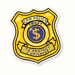 CPM-polisklistermärke | Rolig present till medieköpare | Reklamhumor | Prisförhandling | Laptopklistermärke