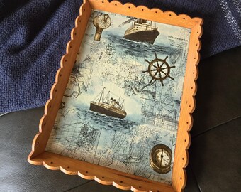 Nautical Wooden Serving Tray with Vintage Ship Map Design