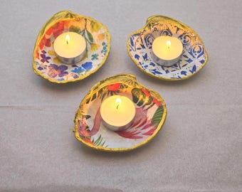 Large Decoupage Quahog Shell Tea Light Holder - Various Designs