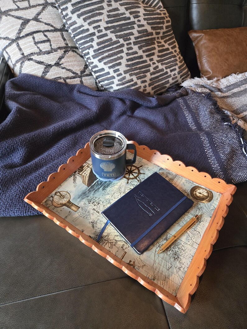 Nautical Wooden Serving Tray with Vintage Ship Map Design image 2
