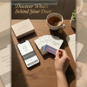 May include: A lifestyle product image featuring a smartphone, cards, and a cup of tea on a wooden surface. The phone displays "What's Behind The Door?" and "DOPAMENU". Cards with the word "DESSERTS" are held by a hand. A box with "DOPAMENU" is also present.