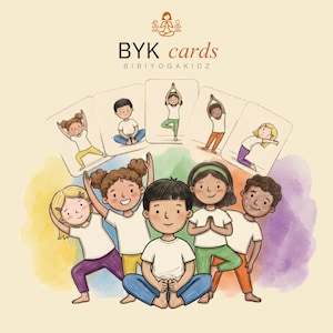 Puede incluir: Ilustración de niños practicando posturas de yoga, con el texto "BYK cards BIBIYOGAKIDZ". La imagen presenta un grupo de niños con camisetas blancas y pantalones coloridos, con tarjetas de yoga encima.