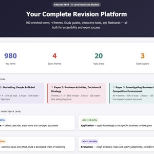 May include: A digital graphic promoting an A-Level Business Studies revision platform. The image displays key terms, exam themes, topic areas, and exam papers. It also includes assessment objectives and exam structure details.
