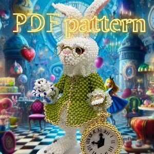 Beaded White Rabbit with Clothes and Clock PDF Pattern