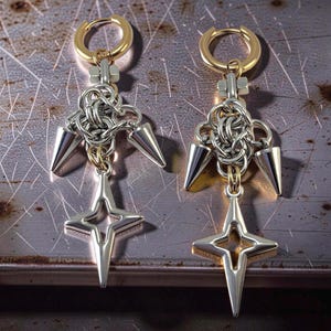 Mixed Metal Stainless Steel North Star Spike Charm Hoop Earrings Gothic Two Tone Earrings