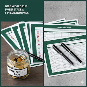 Puede incluir: Un conjunto de materiales para un sorteo y predicciones de la Copa del Mundo de 2026. La imagen incluye hojas de predicción, bolígrafos y un tarro etiquetado "WINNER'S POT" lleno de monedas de oro. Las hojas tienen un borde verde.