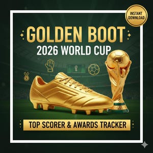Puede incluir: Una bota de fútbol dorada y un trofeo sobre un fondo verde, con el texto "GOLDEN BOOT 2026 WORLD CUP". También está presente el texto "TOP SCORER & AWARDS TRACKER". Una insignia de "DESCARGA INSTANTÁNEA" es visible.