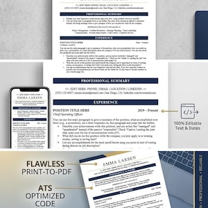 May include: A professional resume template with a modern design. The resume features a clean layout with sections for professional summary, experience, and contact information. The design includes a header with the name "Emma Larsen" and is optimized for ATS systems.