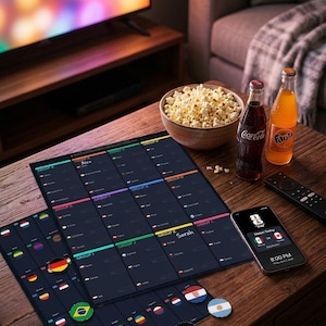 May include: A wooden table displays a bowl of popcorn, two soda bottles, and a smartphone showing a sports match. Two dark blue charts with country flags and names are also on the table. Decorative flag pins are scattered around.