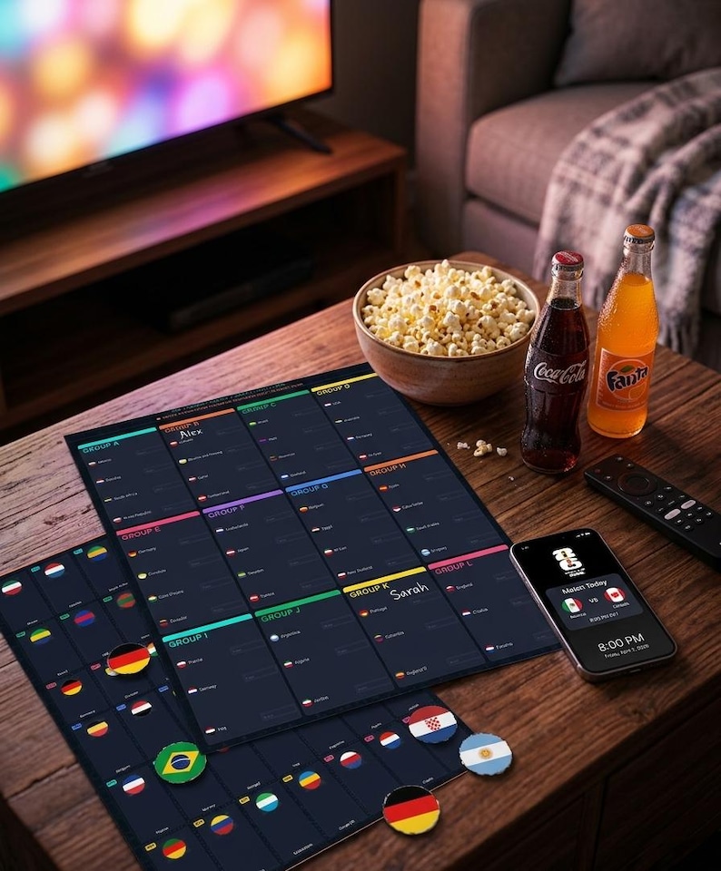 May include: A wooden table displays a bowl of popcorn, two soda bottles, and a smartphone showing a sports match. Two dark blue charts with country flags and names are also on the table. Decorative flag pins are scattered around.