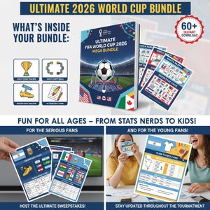 Puede incluir: La imagen muestra un "ULTIMATE 2026 WORLD CUP BUNDLE" con varios elementos, incluyendo un libro "MEGA BUNDLE", tarjetas "Watch Party" y rastreadores. El paquete está diseñado para todas las edades, desde aficionados a las estadísticas hasta jóvenes fans, e incluye una oferta "60+ INSTANT DOWNLOAD".