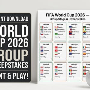 Puede incluir: Una hoja imprimible en blanco y negro del sorteo de la fase de grupos de la Copa Mundial de la FIFA 2026. La hoja incluye un balón de fútbol y el texto "¡Descarga instantánea Sorteo de grupos de la Copa Mundial 2026 Imprime y juega!"