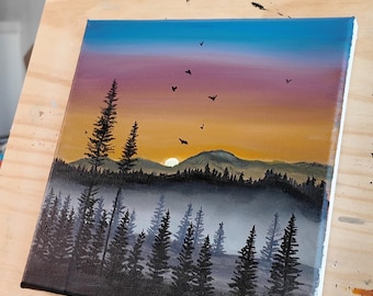 Original Sunset Mountain Acrylic Painting 8x8 Canvas, Hand Painted Pine Tree Forest Sunset Landscape Art, Misty Nature Canvas Wall Decor